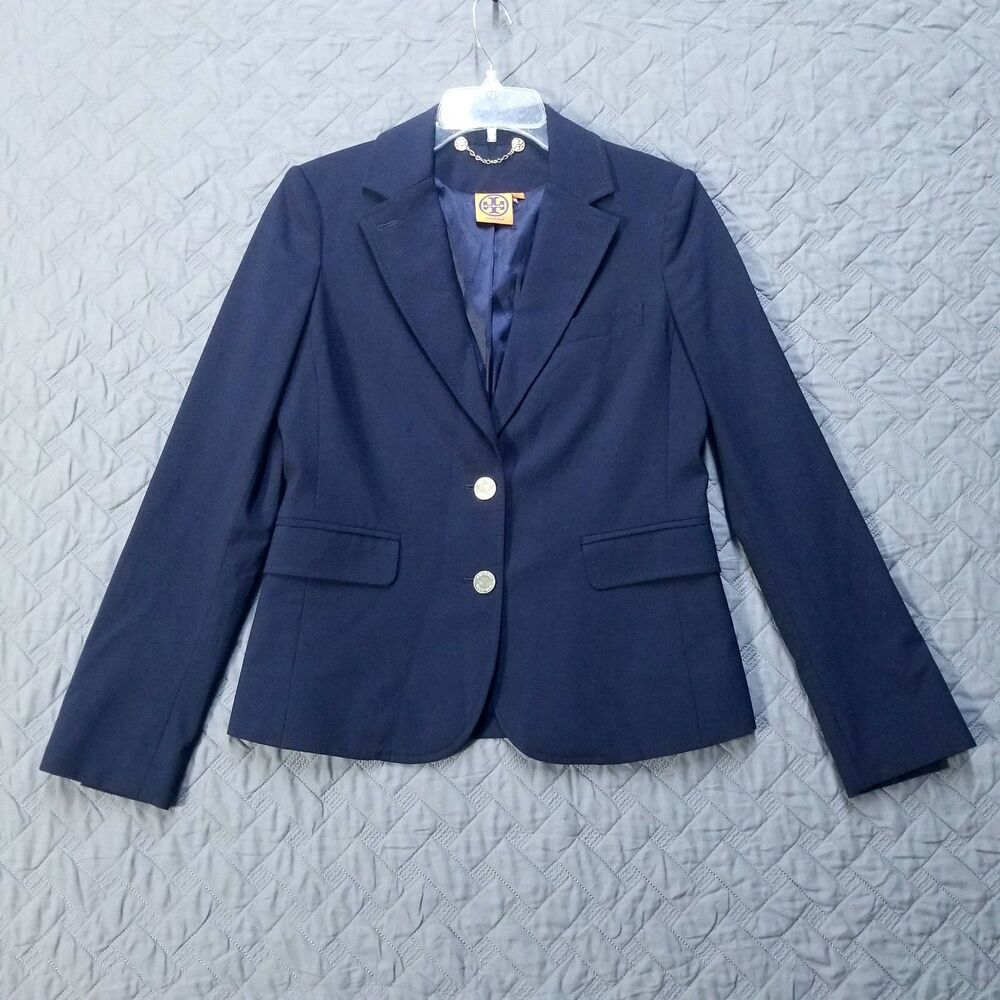 Tory Burch Navy Blue Blazer Jacket Women’s Gold Logo Button Tailored Career Sz 4